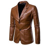 ZDJSWJ Men's Leather Jacket Double Buckle Motorcycle PU Leather Jacket Business Sport Suit Coat, Brown, M