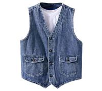 ZDJSWJ Men's V Neck Sleeveless Denim Jacket Button Workwear Jeans Vest Slim Vintage Casual Vest Coat