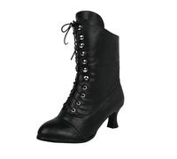 ZDOUXUAN Women Vintage Boots Low Heel With Zipper Kitten Short Boot Shoes 70s Lace Up Ankle Mid Witch Granny Booties(Black,8 UK)