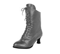 ZDOUXUAN Women Vintage Boots Low Heel With Zipper Kitten Short Boot Shoes 70s Lace Up Ankle Mid Witch Granny Booties(Grey,5.5 UK)