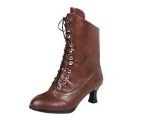 ZDOUXUAN Women Vintage Boots Low Heel With Zipper Kitten Short Boot Shoes 70s Lace Up Ankle Mid Witch Granny Booties(Brown,4 UK)
