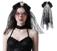 ZDQC Day of the Dead Hair Accessories, Halloween Day of the Dead Headband and Veil, Carnival Headband and Veil Face Tattoo, Dia de los Muertos Face Tattoo, Halloween Costume Women (Black)