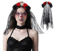 ZDQC Day of the Dead Hair Accessories, Halloween Day of the Dead Headband and Veil, Carnival Headband and Veil Face Tattoo, Dia de los Muertos Face Tattoo, Halloween Costume Women (Red)