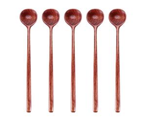 ZDSFSD Long Spoons Wooden, 5 Pieces Korean Style 10.9 inches 100% Natural Wood Long Handle Round Spoons for Soup Cooking Mixing Stirrer Kitchen Tools Utensils (Korean Style Soup Spoon)
