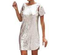 ZDSUHYIW Glitter Dress Women's Sequin Dresses Elegant Evening Dresses for Wedding Festive Dresses Short Sleeve Knee-Length Cocktail Dress Summer Party Dress New Year's Eve Outfit, silver, XXL