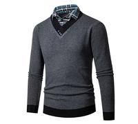 ZDSUHYIW Men's 2-in-1 Long Sleeve Knitted Jumper with V-Neck Slim Fit Simple Casual Cardigan Sweatshirt Winter Jumper with Shirt Collar Mock, darkgray, XL