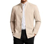 ZDSUHYIW Men's Regular Fit Chinese Style Tang Suit Linen Long Sleeve Jackets Vintage Tuxedo Jackets Stand-Up Collar Elegant Suit Jacket Winter Coat Men's Suit Outdoor Jacket, khaki, L