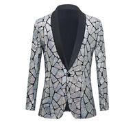 ZDSUHYIW Sequin Blazer for Men Glitter Jacket Festive Business Coat Regular Fit Suit Jacket Stretch Slim Suit One Button Tuxedo Jacket Christmas New Year's Eve Party Carnival Costumes, silver, S