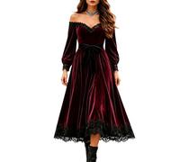 ZDSUHYIW Women's Gothic Lolita Lace Dress Long Sleeve Short Black Retro Punk Plain Comfortable Puff Sleeve A-Line Flared Dress