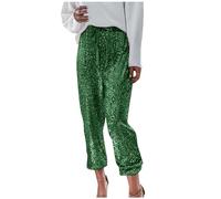 ZDSUHYIW Women's Sequin Trousers, Wide Leg Trousers, Sparkling Shiny Elastic Waist, Loose Fit Trousers, Glitter Bell Bottom Leggings, 90s Streetwear, Green, XL