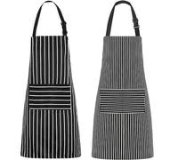 ZEACCT 2-Pack Black Striped Kitchen Aprons - Adjustable Cotton Bibs for Cooking & BBQ, Unisex Protective Wear for Home Chefs & Professionals