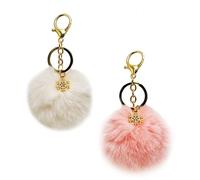 ZEACCT 2-Pack Plush Rabbit Fur Keyrings - Ultra-Soft Fluffy Pompom Pendants for Car & Backpack Decor, Cute Furry Ball Charms with Durable Metal Rings