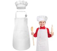 ZEACCT 2Pcs Kids Apron Chef Hat, Adjustable Children Aprons, Kids Art Aprons Chef Hat, with Pockets for Cooking Baking Painting Crafting Wear 7-13 Age - White
