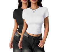 Zeagoo 2 Pack Women’s Fitted T Shirt Short Sleeve Tight Tops Stretch Basic Crop Tops Crew Neck Solid Tshirt Going Out Tee Black and White Pack XS
