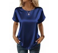 Zeagoo Blusa de Satén Mujer Casual Cuello Redondo Top Manga Corta Suelta Camisa de Seda Básicas Sólido Camisetas Elegante Verano Tshirt Azul marino XXL