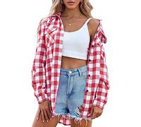 Zeagoo Checked Shirts Womens Classic Long Sleeve Plaid Shirt Blouse V Neck Button Down Top Ladies Checked Shirt with Pocket Watermelon Red XL