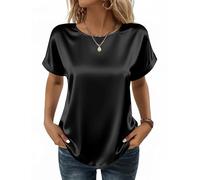 Zeagoo Chemise Femme Chic et Élégante Satin Ete Manches Courtes Soie Shirt Classique Ample Chemisier Casual Col Rond Couleur Unie Top Noir XL