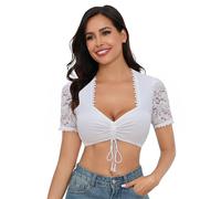 Zeagoo Dirndl Blouse Women's Lace Dirndl Blouse White Short Sleeve Costume Blouses V Neck Lace Blouse Black Oktoberfest Blouses XS-3XL, White, XXL