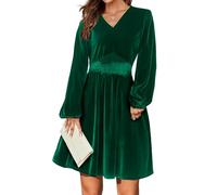 Zeagoo Dresses Women Velvet Dress Formal Party Dress Elegant Dress Long Sleeved V-Neck Evening Dresses Bodycon Vintage Ball Gowns Casual Winter Dresses Dark Green L