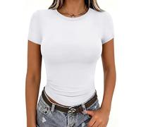 Zeagoo Fitted T Shirt for Women Basic Short Sleeve Top Round Neck Stretch Tshirt Solid Going Out Tops Tight Gym Top White S