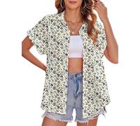 Zeagoo Hawaiian Shirts for Women Summer Short Sleeve Blouse Floral Tropic Printing V Neck Button-Down Beach Shirt Hawaii Holiday Top Floral-E M