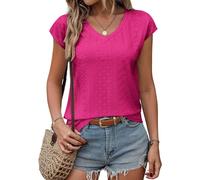 Zeagoo Ladies Tops Cap Sleeve V Neck Womens T Shirts Elegant Eyelet Embroidery Blouse Summer Loose Fitting Tee Pink-2 XXL