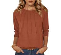 Zeagoo Ladies Tops Crew Neck T Shirts Solid Color Long Sleeve Casual Tshirts Dressy Pleated Tunic Basic Shirt Caramel S