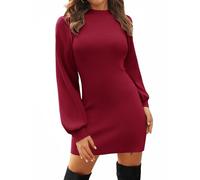 Zeagoo Long Sleeve Mock Neck Ribbed Bodycon Pullover Dress - Winter Dresses, Cute Mini Sweater Dress - Wine Red, XXL