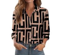 Zeagoo Shirts for Women Long Sleeve Flower Graphic Fitted Ladies Blouses Spring Button Down Wrinkle Free Stretch Party Hawaiian Vintage Fashion Tops Tan Black Geometric XL