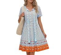 Zeagoo Summer Dresses for Women Boho Floral Short Sleeve V Neck Midi A Line Beach Dress Tunic Loose Pleated Travel Vintage Sundress Party MZ883 XL