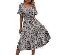 Zeagoo Summer Dresses for Women Casual V Neck Beach Dresses Short Sleeve Floral Dress Boho Ruffle Swing Sundress with Pockets Black Khaki S