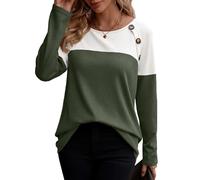Zeagoo T Shirts for Women UK Long Sleeve Tops Crewneck Casual T-Shirt with Button Elegant Color Clash Tunic Tops Army Green M