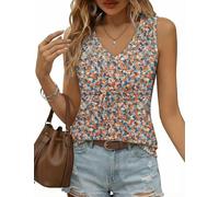 Zeagoo Tank Top Elegant Women's Summer V-Neck Blouse Top Sleeveless Casual Summer Top Eyelet Fabric Basic Top, Floral pink, L