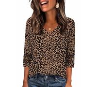 Zeagoo V Neck Top for Women 3/4 Sleeve Tunic Shirt Summer Solid Blouses Casual Crochet Top Ladies Loose Top Leopard Print L