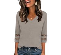 Zeagoo V Neck Top for Women 3/4 Sleeve Tunic Shirt Summer Solid Blouses Casual Crochet Top Ladies Loose Top Light Brown S