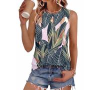 Zeagoo Vests for Women Summer Sleeveless Tops Basic Tshirt Ladies Long Tank Loose Fit Curved Hem Leaf Print L