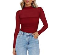 Zeagoo Women Mesh Long Sleeve High Neck Sheer Panel Top Slim Fit Stretch Going Out Party Evening Layering Tee Red S