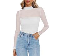Zeagoo Women See Through Mesh Long Sleeve Ruched Mock Neck Slim Fit Sheer Top Party Going Out Clubwear Layering Blouse White XL