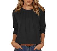 Zeagoo Women Tops Casual Long Sleeve T-Shirts Crew Neck Plain Shirts Fashion Elegant Pleated Longline Blouses Black S