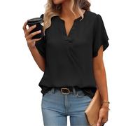 Zeagoo Womens Black Tops Summer Chiffon Blouse Ruffle Short Sleeve Shirts V Neck Work Blouses Business Casual Mesh Blouse Floral Double Layers Tunic Top A-Black M