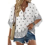 Zeagoo Womens Blouses Summer Short Sleeve Bohemian Tunic Tops Loose Flowy V Neck Leinen Top Floral White L