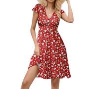 Zeagoo Women's Casual Dresses Deep V Neck Summer Mini Dresses Flower Print Boho A Line Dress Sexy Floral Bodycon Dress Red Floral S