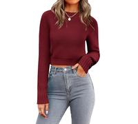 Zeagoo Womens Cropped Jumpers Casual Crewneck Sweater Ribbed Knit Solid Color Sweatshirt Slim Fit Short Length Trendy Sweater Jumper Tops Red XL