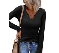 Zeagoo Women's Long Sleeve Shirt Rib Knit Slim Fit Top Stretch Basic Tshirt | V Neck Stripe/Plain Basic Tee, Fall Fashion 2026,Tight Winter Layering Underscrub,Business Casual Outfits,Workout,Going Out