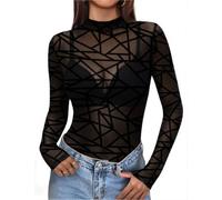 Zeagoo Women's Mesh Top Mock Neck Long Sleeve Going Out Tops Elegant See Through Tops Black Transparent Shirt S