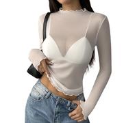 Zeagoo Women's Mesh Top Sheer Long Sleeve T-Shirts Sexy See Through Fitted Tops Transparent Mock Turtle Neck Shirt for Party Clubwear White XS