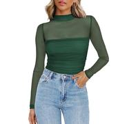 Zeagoo Women's Mesh Tops Long Sleeve See Through Blouse Sexy Slim Fit Shirt | Elegant Ruched Blouse for Party, Festival and Clubwear XS-XXL