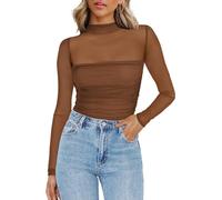 Zeagoo Women's Mesh Tops Long Sleeve See Through Blouse Sexy Slim Fit Shirt | Elegant Ruched Blouse for Party, Festival and Clubwear XS-XXL