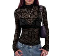Zeagoo Womens Mesh Tops Sexy See Through T-Shirt Transparent Sheer Shirt | Long Sleeve Fitted Top Elegant Mock Neck Tshirt Festival Party Clubwear XS-XXL