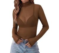 Zeagoo Womens Mesh Tops Sexy See Through T-Shirt Transparent Sheer Shirt | Long Sleeve Fitted Top Elegant Mock Neck Tshirt Festival Party Clubwear XS-XXL